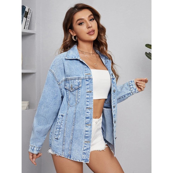 Oversized boho Flap Pocket Denim jean Jacket light wash blue round hem - Picture 5 of 5